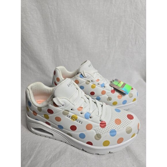 Womens SKECHERS STREET UNO-SPOTTED AIR White Multi Dot LEATHER Shoes 6 - Picture 3 of 16